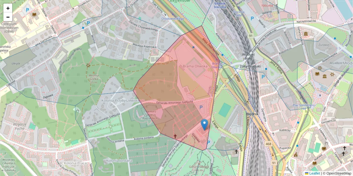 Szczegółowa mapa kodu pocztowego 80-203 z granicami, sąsiednimi kodami pocztowymi i urzędami pocztowymi