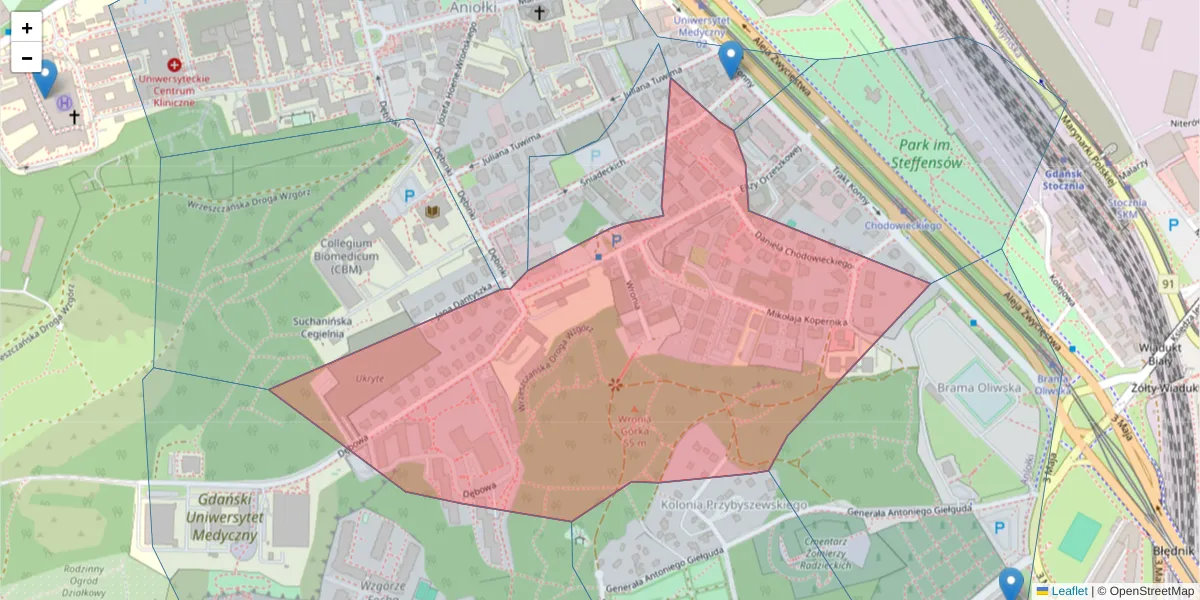 Szczegółowa mapa kodu pocztowego 80-208 z granicami, sąsiednimi kodami pocztowymi i urzędami pocztowymi