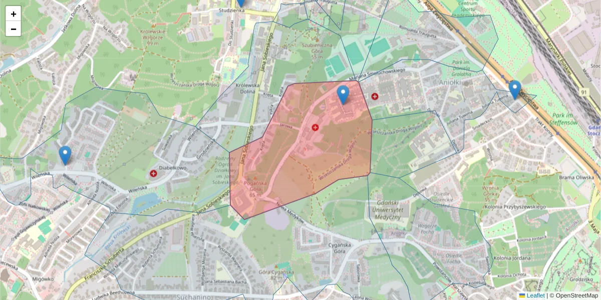 Szczegółowa mapa kodu pocztowego 80-214 z granicami, sąsiednimi kodami pocztowymi i urzędami pocztowymi