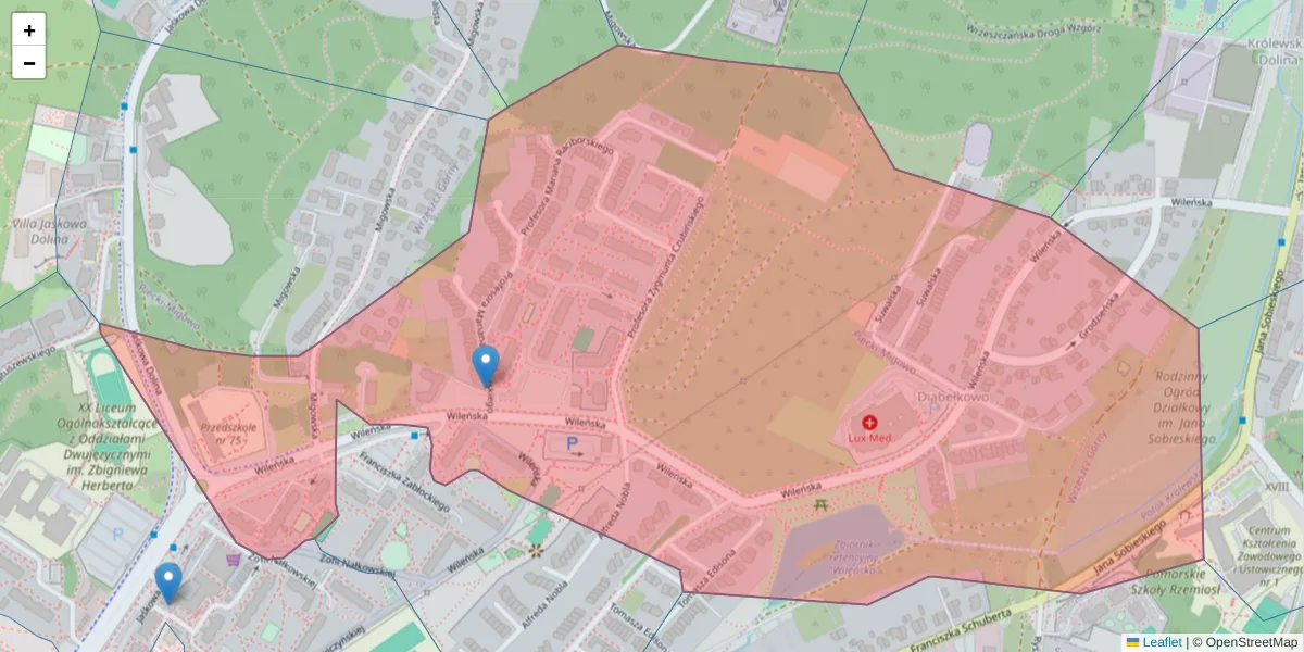 Szczegółowa mapa kodu pocztowego 80-215 z granicami, sąsiednimi kodami pocztowymi i urzędami pocztowymi
