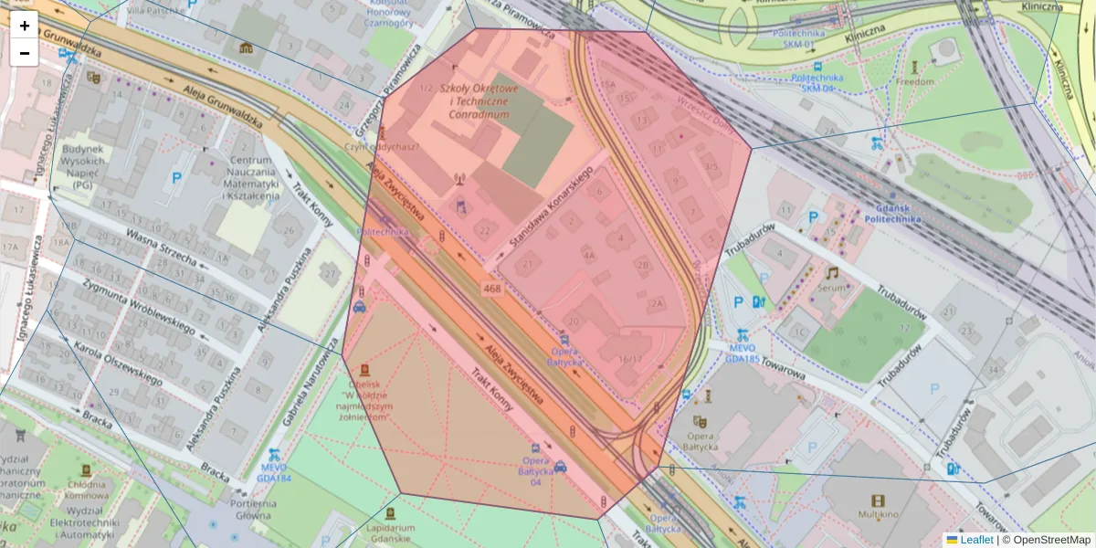 Szczegółowa mapa kodu pocztowego 80-218 z granicami, sąsiednimi kodami pocztowymi i urzędami pocztowymi