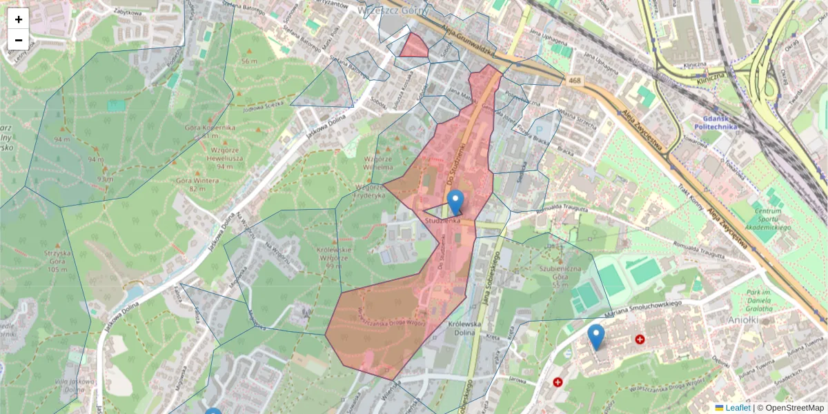 Szczegółowa mapa kodu pocztowego 80-227 z granicami, sąsiednimi kodami pocztowymi i urzędami pocztowymi