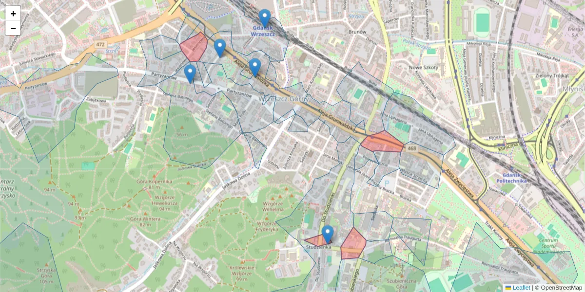 Szczegółowa mapa kodu pocztowego 80-229 z granicami, sąsiednimi kodami pocztowymi i urzędami pocztowymi