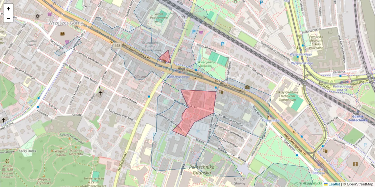 Szczegółowa mapa kodu pocztowego 80-230 z granicami, sąsiednimi kodami pocztowymi i urzędami pocztowymi