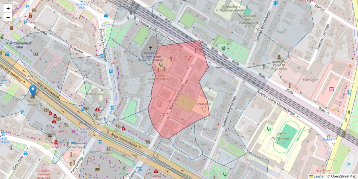 Szczegółowa mapa kodu pocztowego 80-240 z granicami, sąsiednimi kodami pocztowymi i urzędami pocztowymi