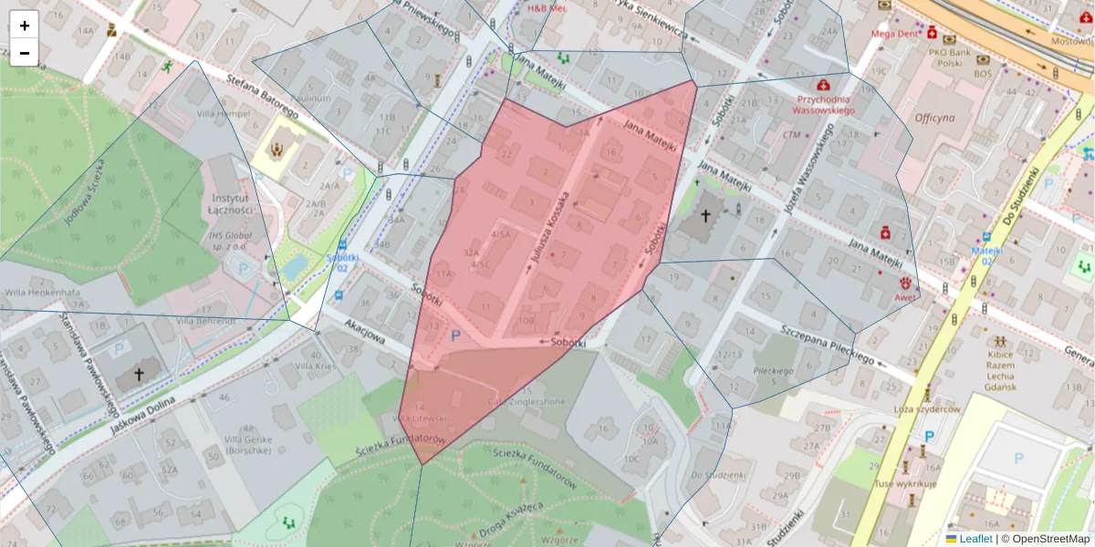 Szczegółowa mapa kodu pocztowego 80-249 z granicami, sąsiednimi kodami pocztowymi i urzędami pocztowymi