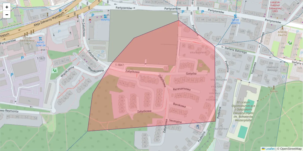 Szczegółowa mapa kodu pocztowego 80-253 z granicami, sąsiednimi kodami pocztowymi i urzędami pocztowymi