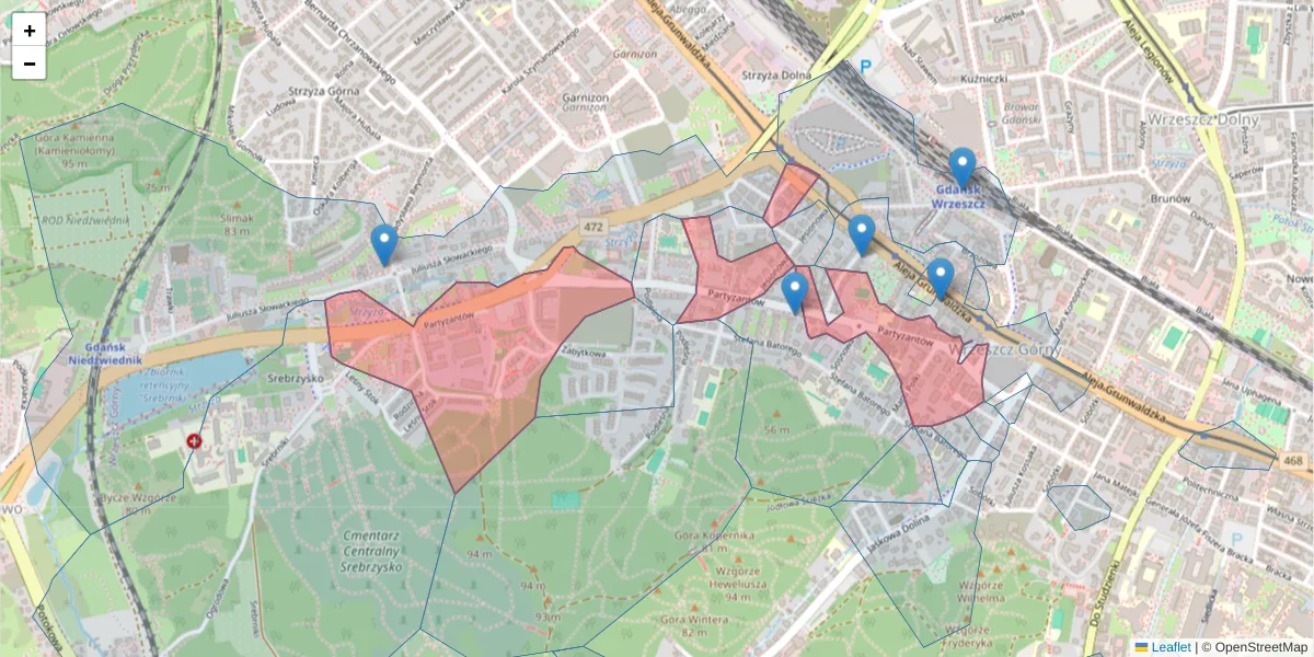 Szczegółowa mapa kodu pocztowego 80-254 z granicami, sąsiednimi kodami pocztowymi i urzędami pocztowymi
