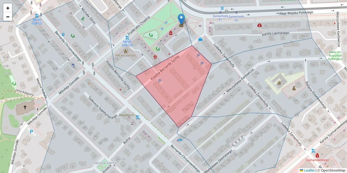 Szczegółowa mapa kodu pocztowego 80-272 z granicami, sąsiednimi kodami pocztowymi i urzędami pocztowymi