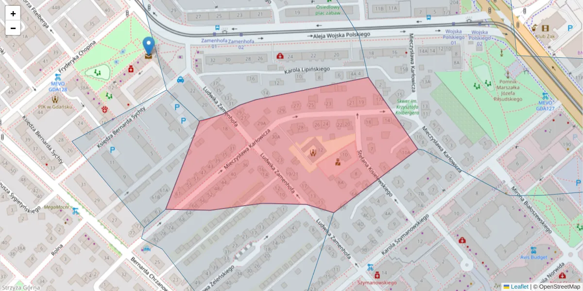 Szczegółowa mapa kodu pocztowego 80-275 z granicami, sąsiednimi kodami pocztowymi i urzędami pocztowymi