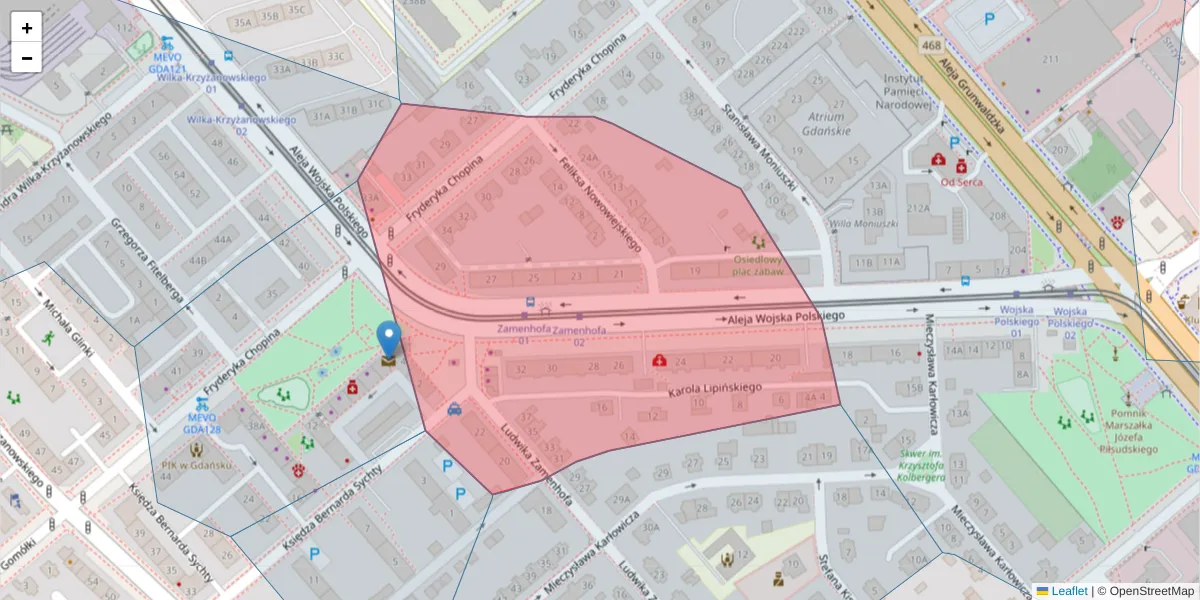 Szczegółowa mapa kodu pocztowego 80-277 z granicami, sąsiednimi kodami pocztowymi i urzędami pocztowymi
