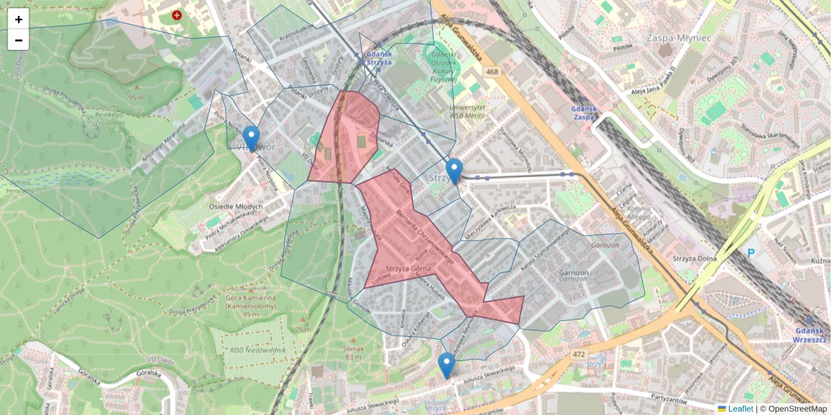 Szczegółowa mapa kodu pocztowego 80-278 z granicami, sąsiednimi kodami pocztowymi i urzędami pocztowymi