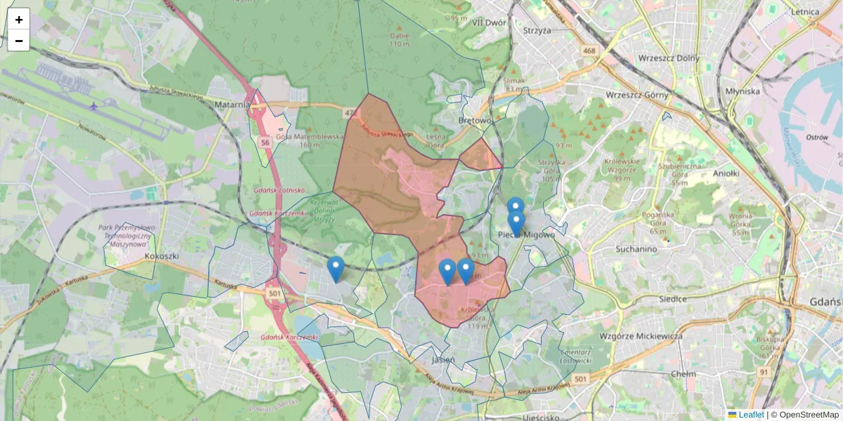 Szczegółowa mapa kodu pocztowego 80-283 z granicami, sąsiednimi kodami pocztowymi i urzędami pocztowymi
