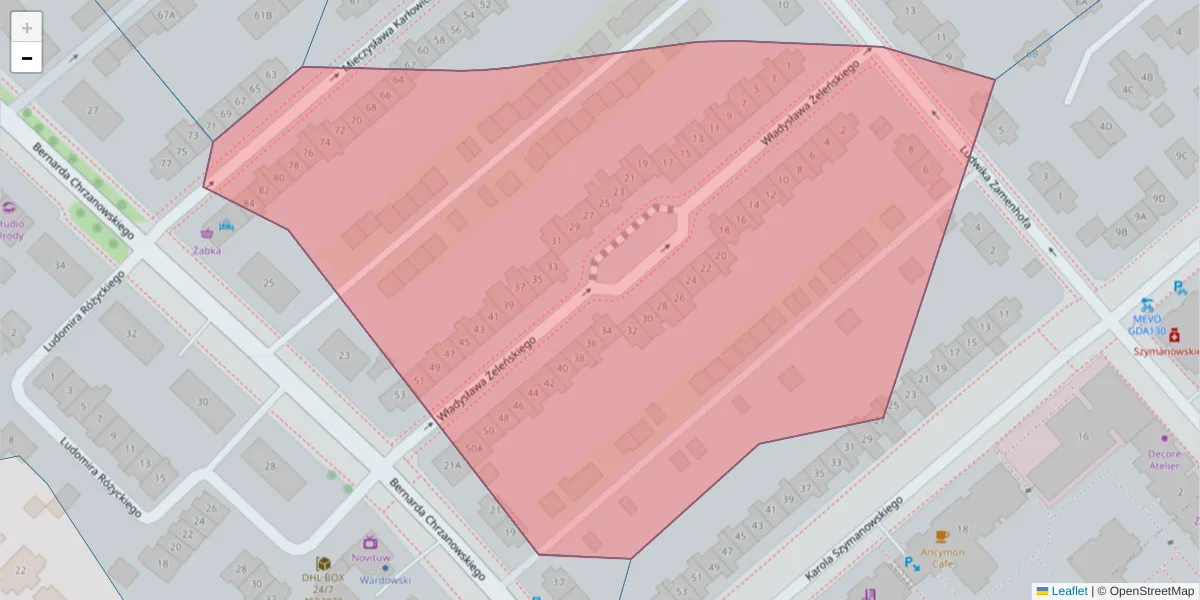 Szczegółowa mapa kodu pocztowego 80-285 z granicami, sąsiednimi kodami pocztowymi i urzędami pocztowymi