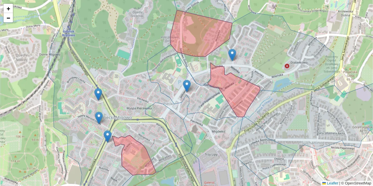 Szczegółowa mapa kodu pocztowego 80-287 z granicami, sąsiednimi kodami pocztowymi i urzędami pocztowymi