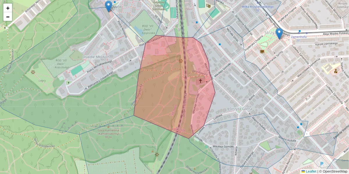 Szczegółowa mapa kodu pocztowego 80-289 z granicami, sąsiednimi kodami pocztowymi i urzędami pocztowymi