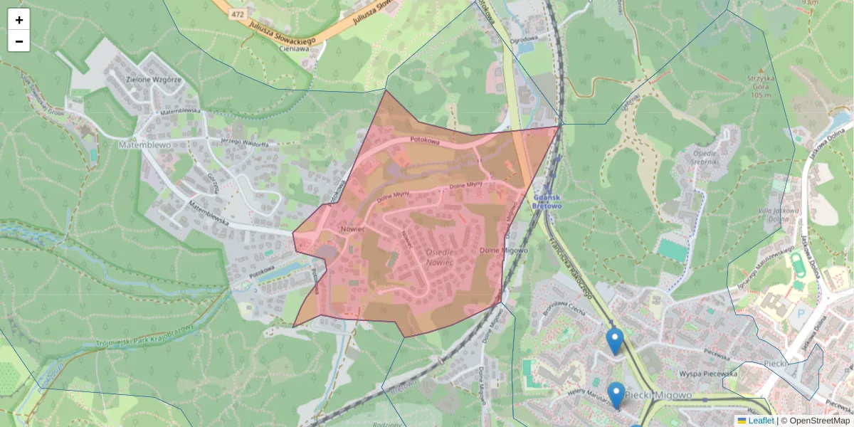 Szczegółowa mapa kodu pocztowego 80-293 z granicami, sąsiednimi kodami pocztowymi i urzędami pocztowymi
