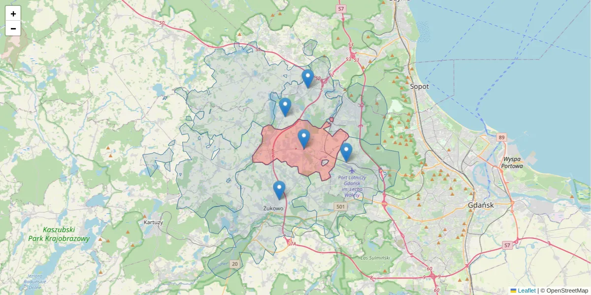 Szczegółowa mapa kodu pocztowego 80-297 z granicami, sąsiednimi kodami pocztowymi i urzędami pocztowymi