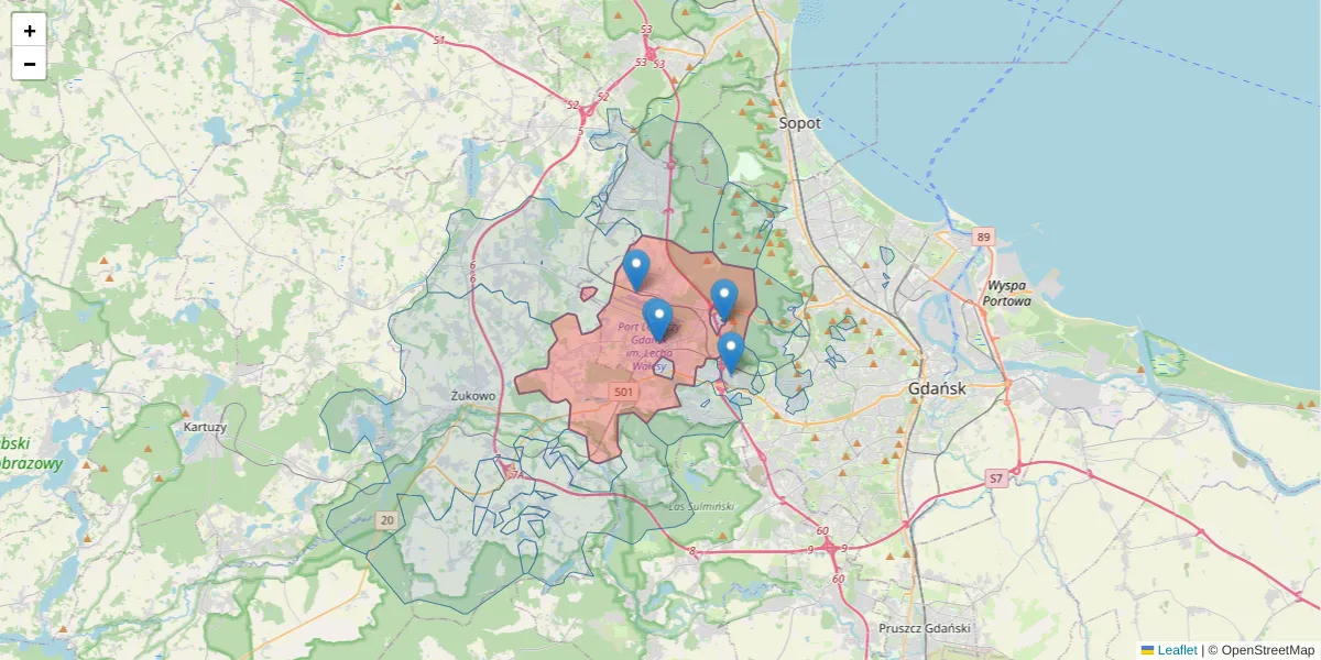 Szczegółowa mapa kodu pocztowego 80-298 z granicami, sąsiednimi kodami pocztowymi i urzędami pocztowymi