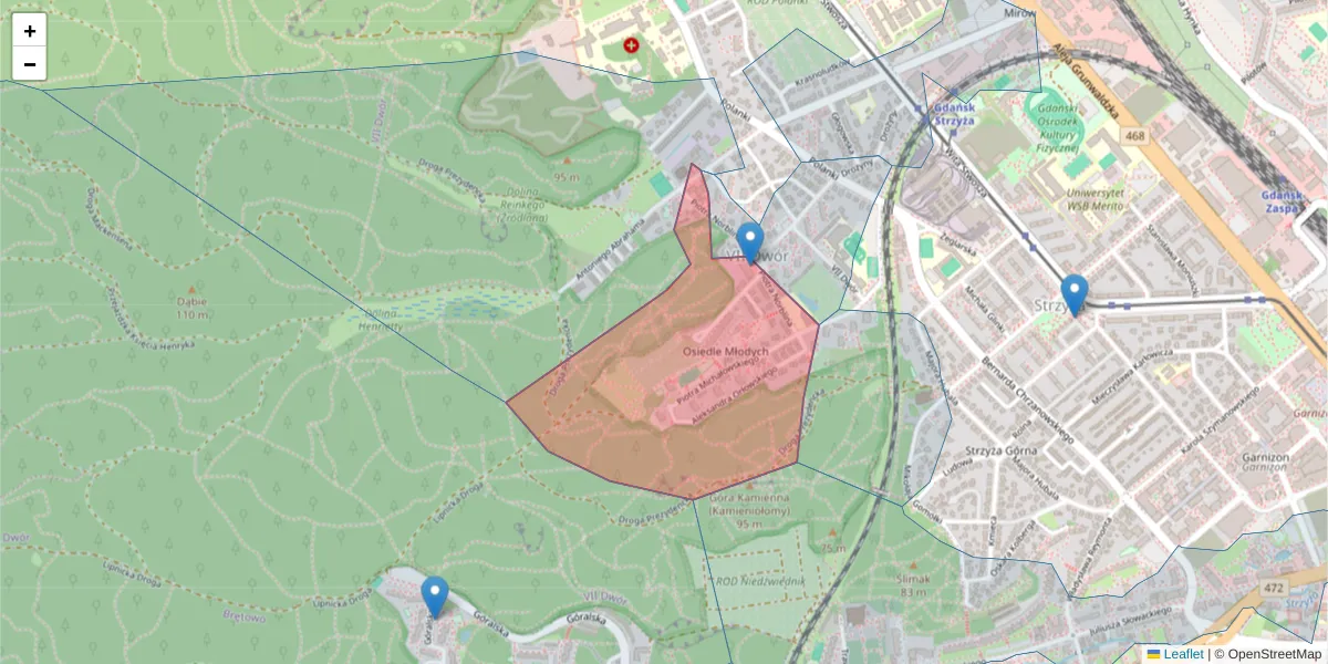 Szczegółowa mapa kodu pocztowego 80-304 z granicami, sąsiednimi kodami pocztowymi i urzędami pocztowymi