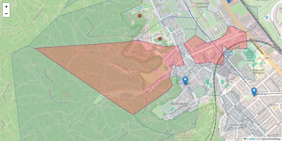 Szczegółowa mapa kodu pocztowego 80-307 z granicami, sąsiednimi kodami pocztowymi i urzędami pocztowymi