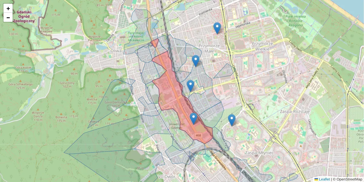 Szczegółowa mapa kodu pocztowego 80-309 z granicami, sąsiednimi kodami pocztowymi i urzędami pocztowymi