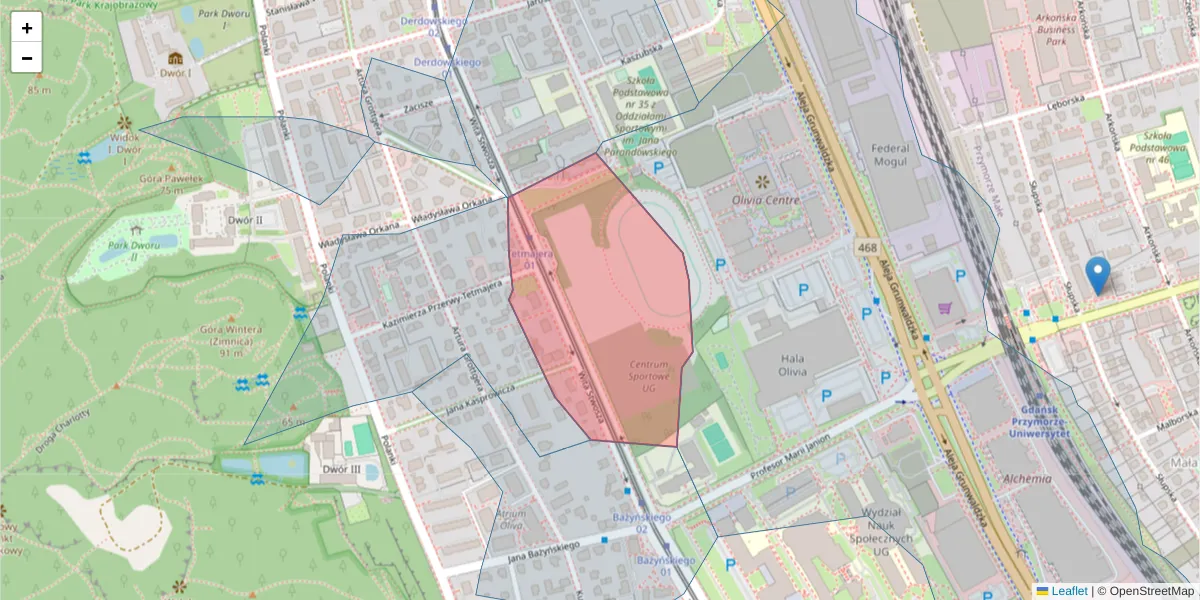Szczegółowa mapa kodu pocztowego 80-312 z granicami, sąsiednimi kodami pocztowymi i urzędami pocztowymi