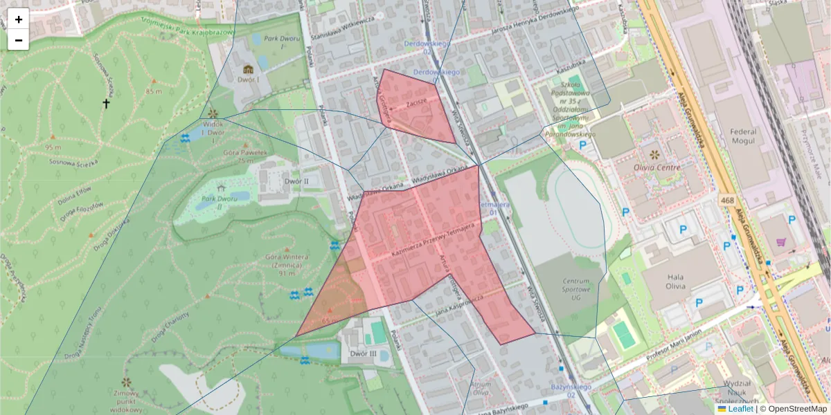 Szczegółowa mapa kodu pocztowego 80-313 z granicami, sąsiednimi kodami pocztowymi i urzędami pocztowymi