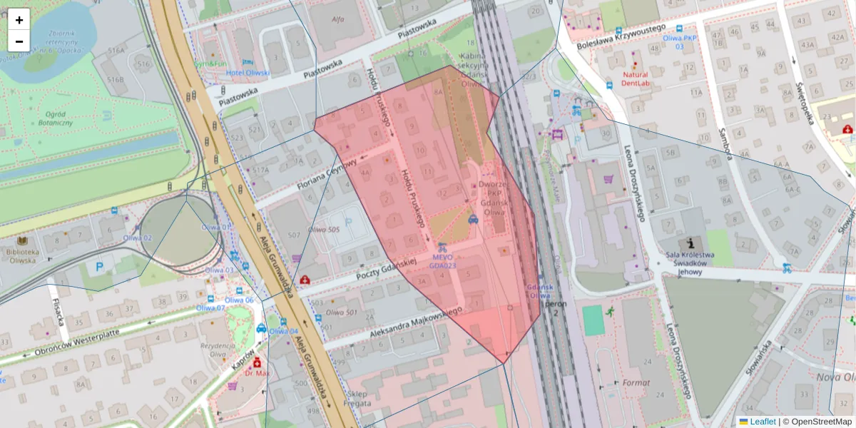Szczegółowa mapa kodu pocztowego 80-321 z granicami, sąsiednimi kodami pocztowymi i urzędami pocztowymi