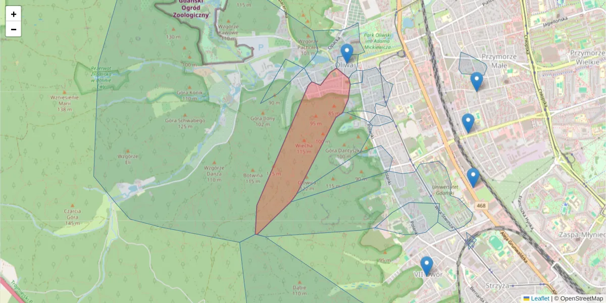 Szczegółowa mapa kodu pocztowego 80-322 z granicami, sąsiednimi kodami pocztowymi i urzędami pocztowymi