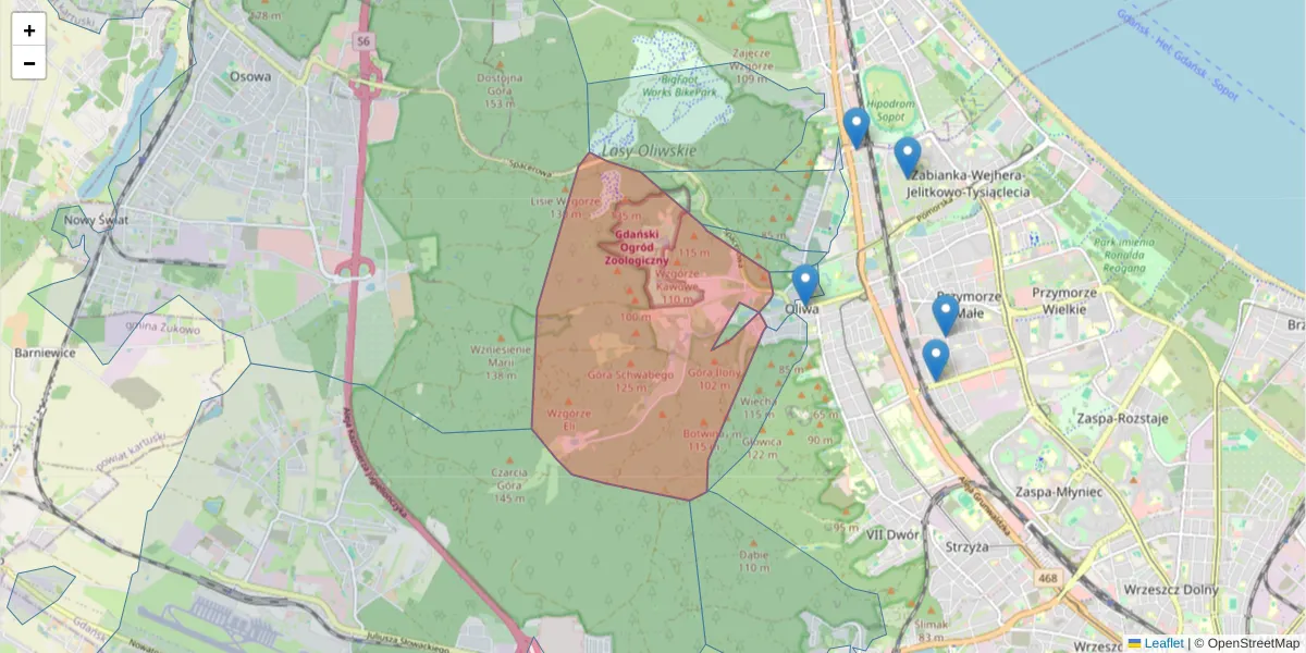 Szczegółowa mapa kodu pocztowego 80-328 z granicami, sąsiednimi kodami pocztowymi i urzędami pocztowymi