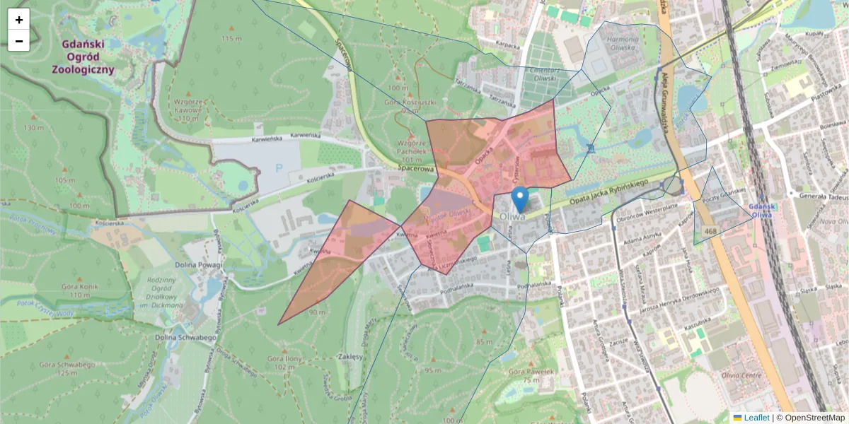 Szczegółowa mapa kodu pocztowego 80-330 z granicami, sąsiednimi kodami pocztowymi i urzędami pocztowymi
