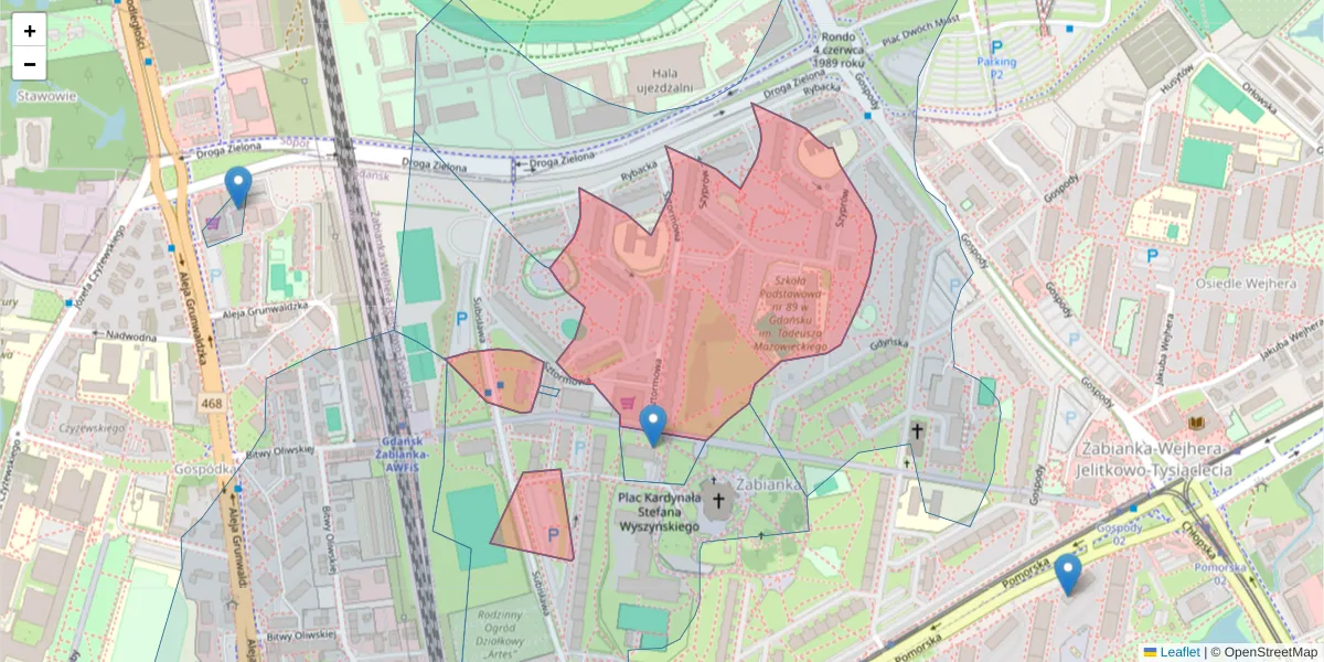 Szczegółowa mapa kodu pocztowego 80-335 z granicami, sąsiednimi kodami pocztowymi i urzędami pocztowymi