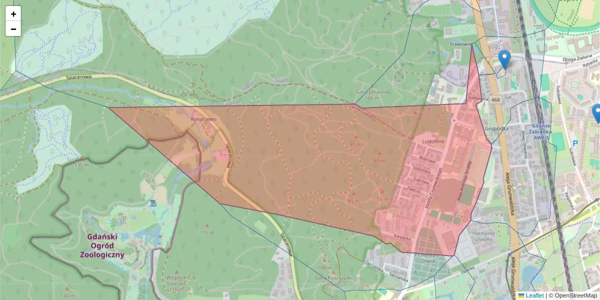 Szczegółowa mapa kodu pocztowego 80-336 z granicami, sąsiednimi kodami pocztowymi i urzędami pocztowymi