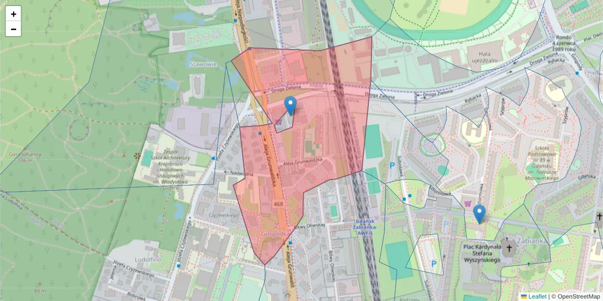 Szczegółowa mapa kodu pocztowego 80-337 z granicami, sąsiednimi kodami pocztowymi i urzędami pocztowymi
