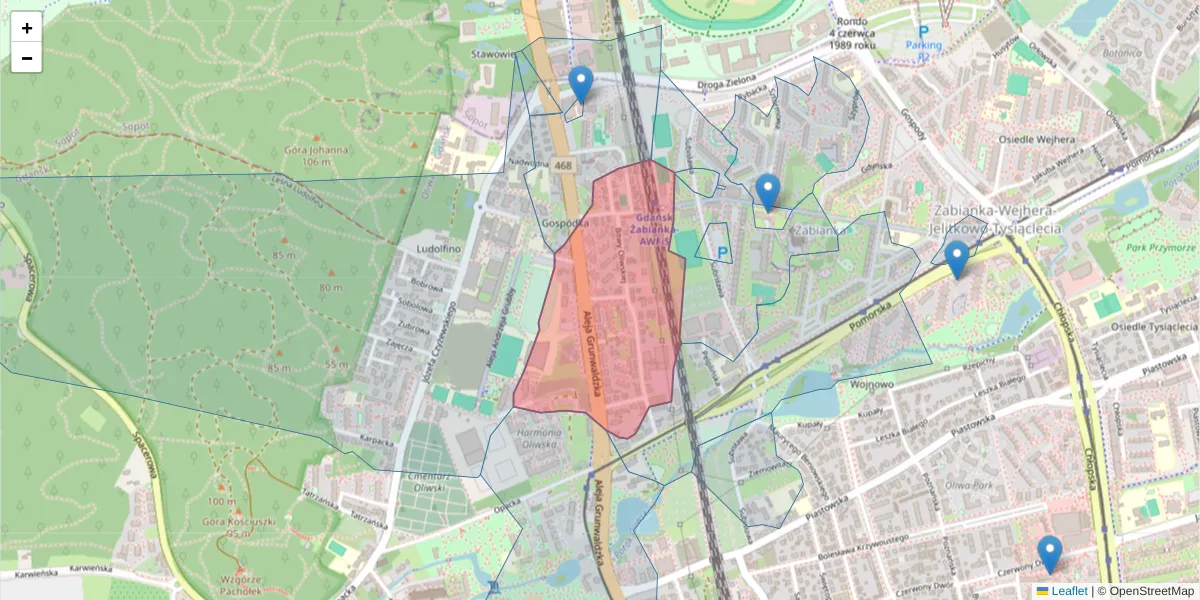 Szczegółowa mapa kodu pocztowego 80-339 z granicami, sąsiednimi kodami pocztowymi i urzędami pocztowymi