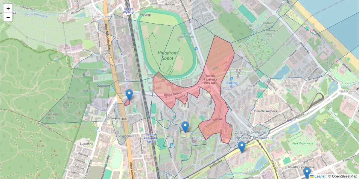 Szczegółowa mapa kodu pocztowego 80-340 z granicami, sąsiednimi kodami pocztowymi i urzędami pocztowymi