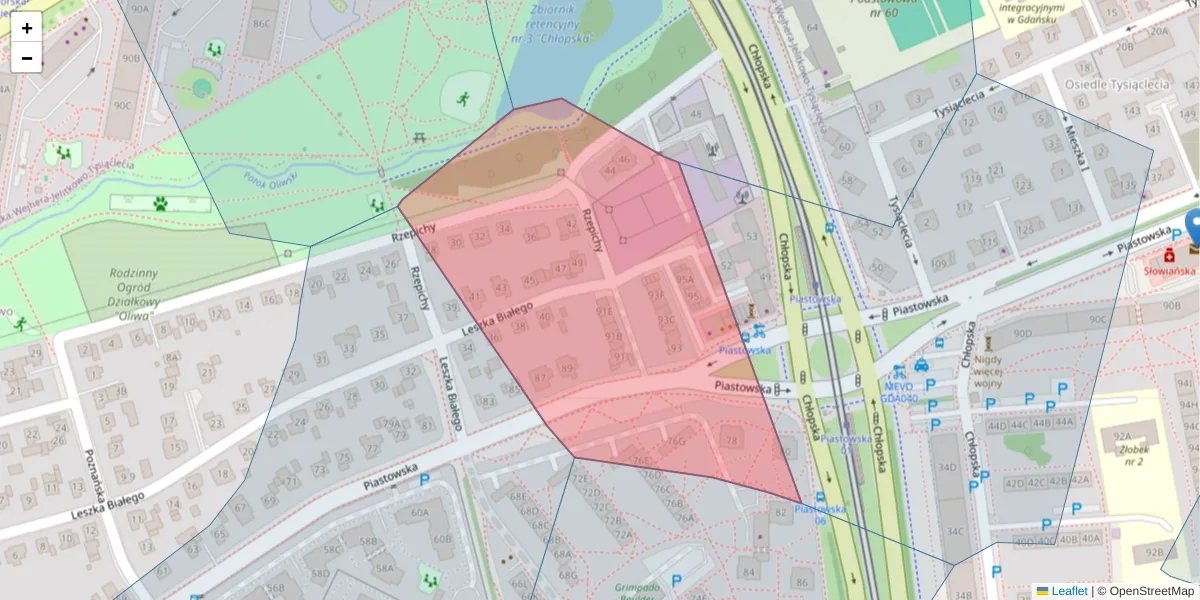 Szczegółowa mapa kodu pocztowego 80-352 z granicami, sąsiednimi kodami pocztowymi i urzędami pocztowymi