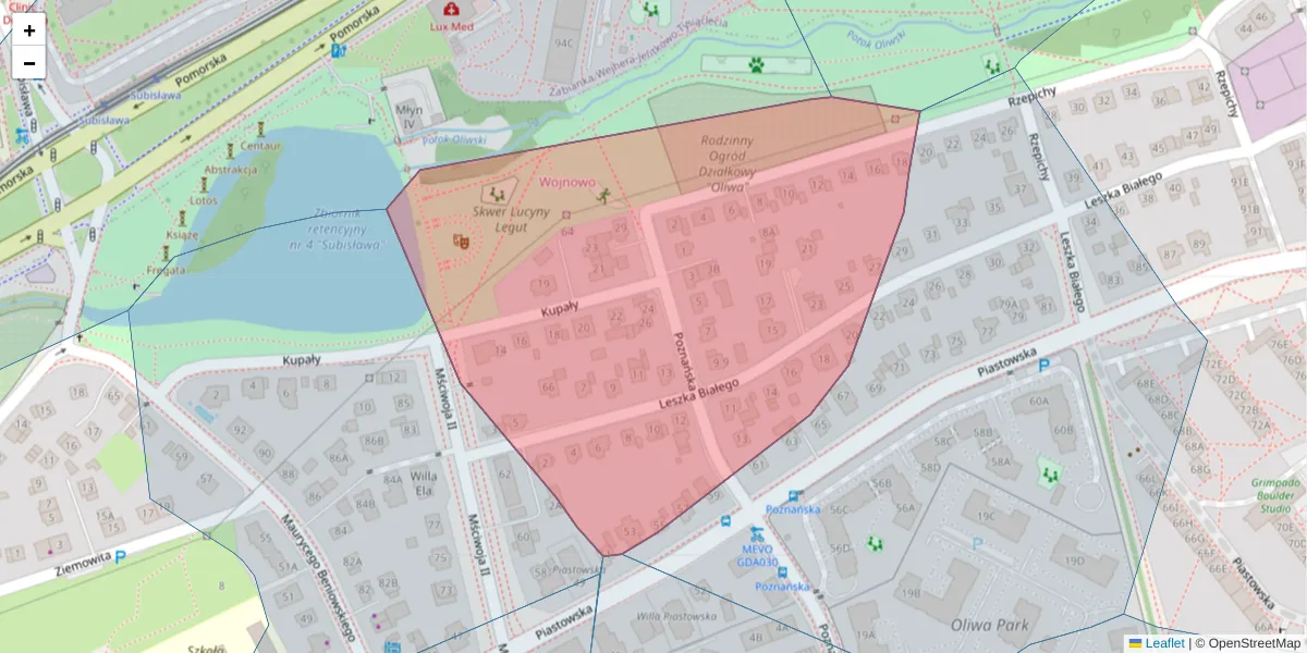 Szczegółowa mapa kodu pocztowego 80-353 z granicami, sąsiednimi kodami pocztowymi i urzędami pocztowymi