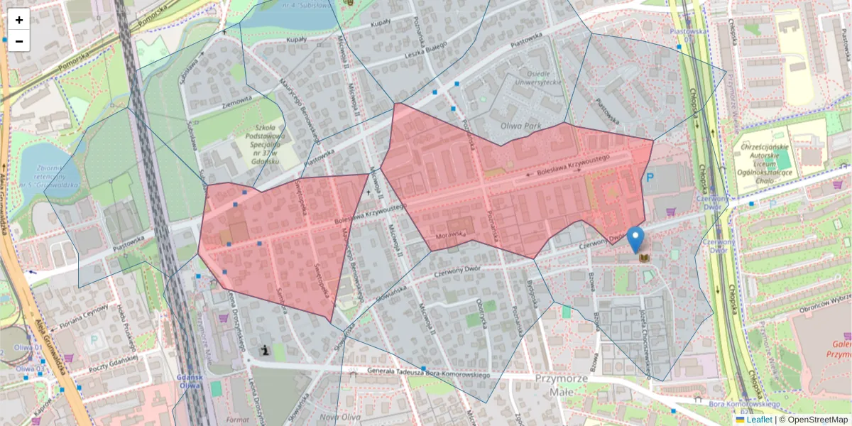 Szczegółowa mapa kodu pocztowego 80-360 z granicami, sąsiednimi kodami pocztowymi i urzędami pocztowymi