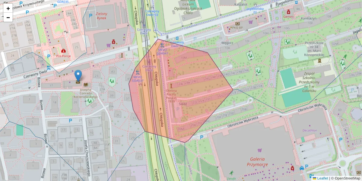 Szczegółowa mapa kodu pocztowego 80-375 z granicami, sąsiednimi kodami pocztowymi i urzędami pocztowymi