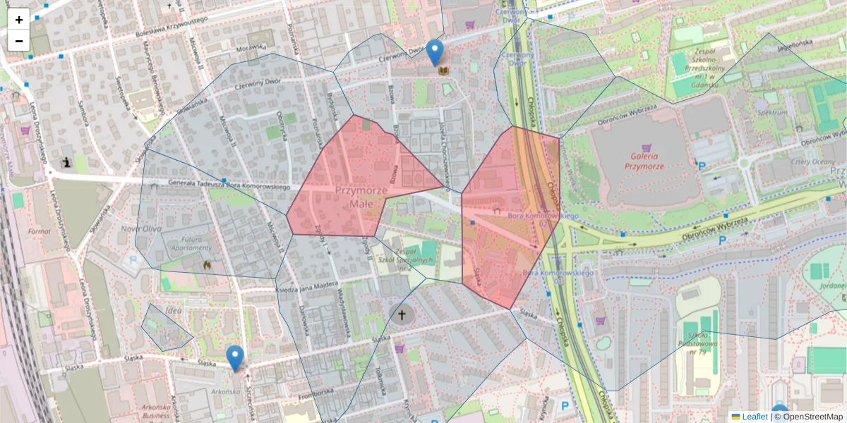Szczegółowa mapa kodu pocztowego 80-377 z granicami, sąsiednimi kodami pocztowymi i urzędami pocztowymi