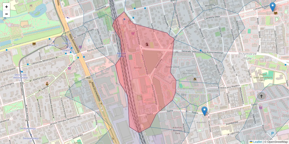 Szczegółowa mapa kodu pocztowego 80-381 z granicami, sąsiednimi kodami pocztowymi i urzędami pocztowymi