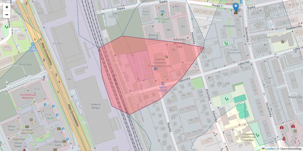 Szczegółowa mapa kodu pocztowego 80-386 z granicami, sąsiednimi kodami pocztowymi i urzędami pocztowymi