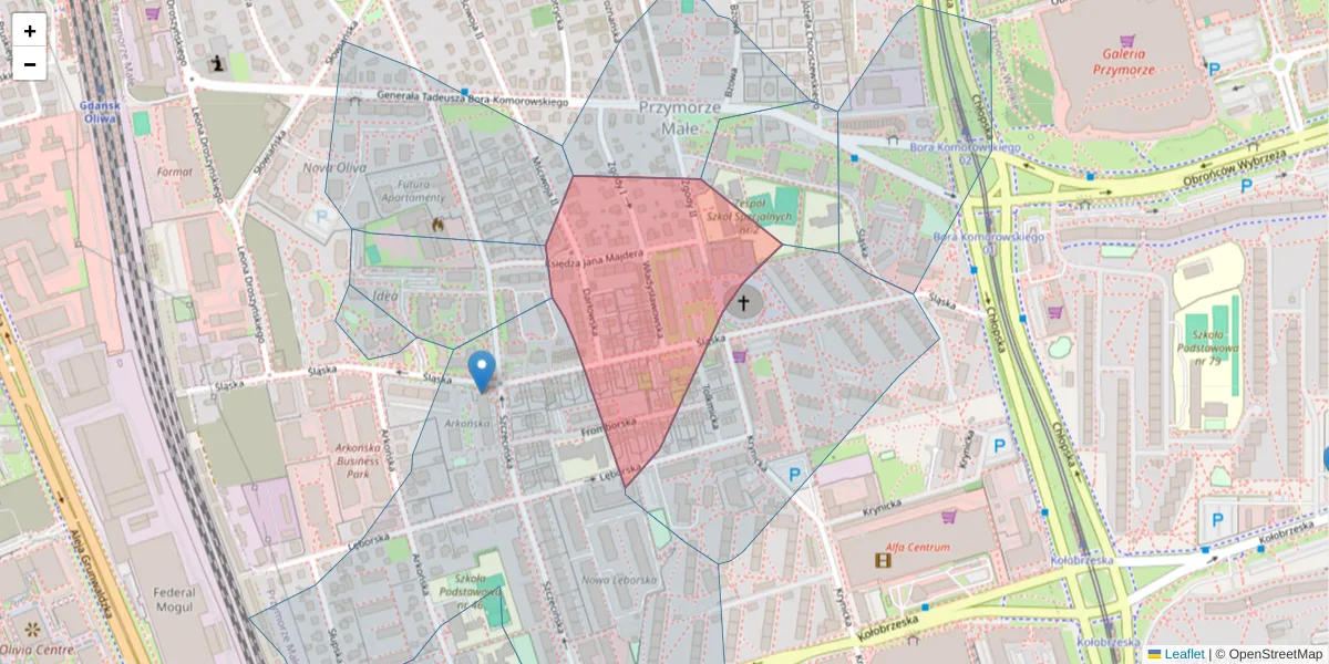 Szczegółowa mapa kodu pocztowego 80-388 z granicami, sąsiednimi kodami pocztowymi i urzędami pocztowymi