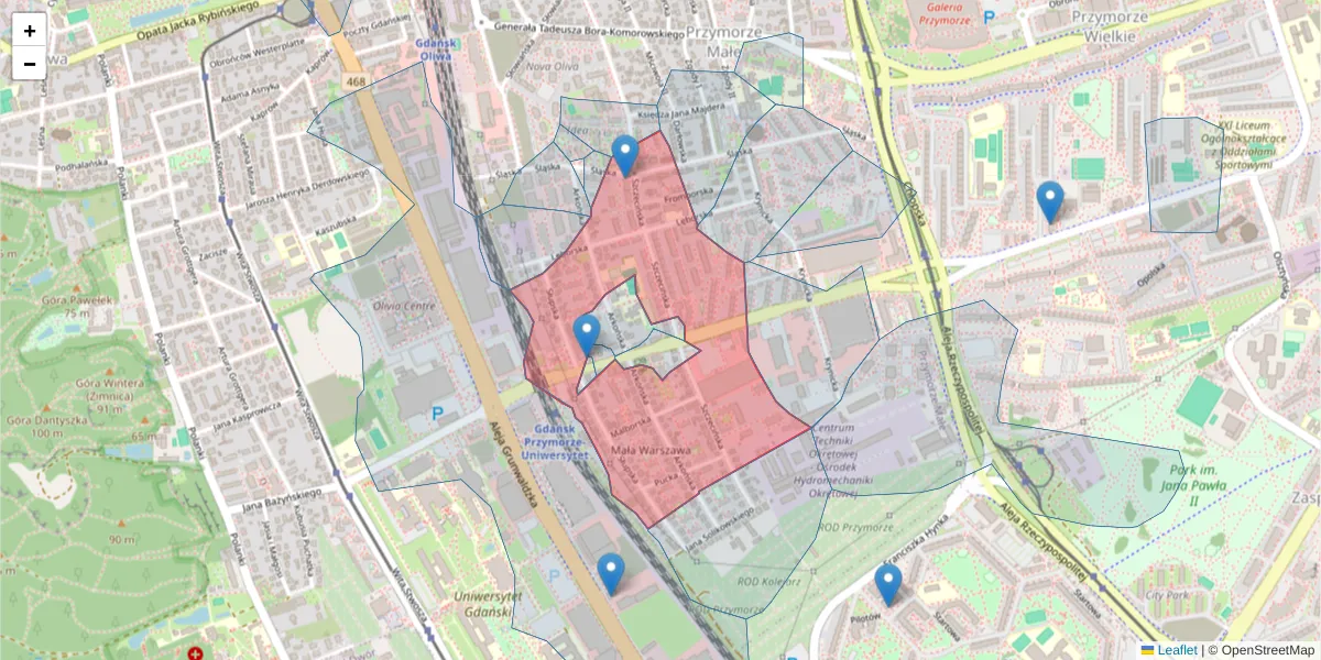 Szczegółowa mapa kodu pocztowego 80-392 z granicami, sąsiednimi kodami pocztowymi i urzędami pocztowymi