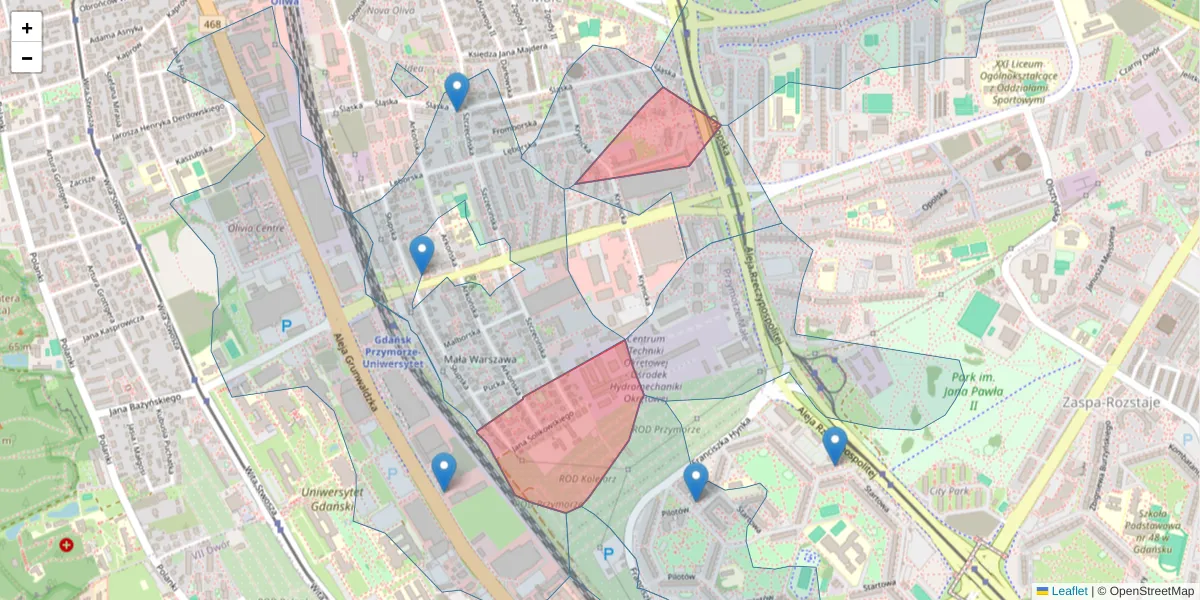 Szczegółowa mapa kodu pocztowego 80-393 z granicami, sąsiednimi kodami pocztowymi i urzędami pocztowymi