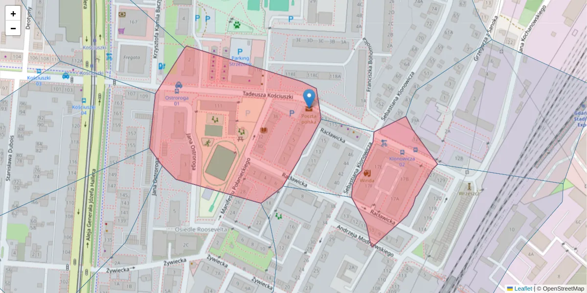 Szczegółowa mapa kodu pocztowego 80-406 z granicami, sąsiednimi kodami pocztowymi i urzędami pocztowymi