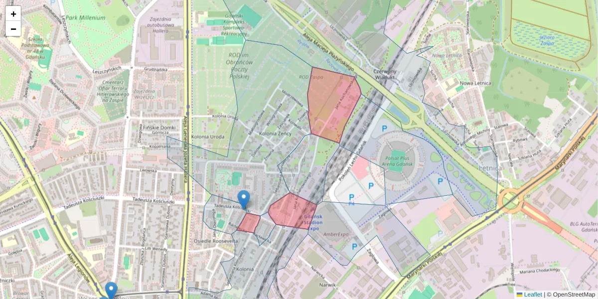 Szczegółowa mapa kodu pocztowego 80-408 z granicami, sąsiednimi kodami pocztowymi i urzędami pocztowymi