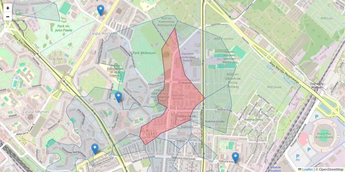 Szczegółowa mapa kodu pocztowego 80-414 z granicami, sąsiednimi kodami pocztowymi i urzędami pocztowymi